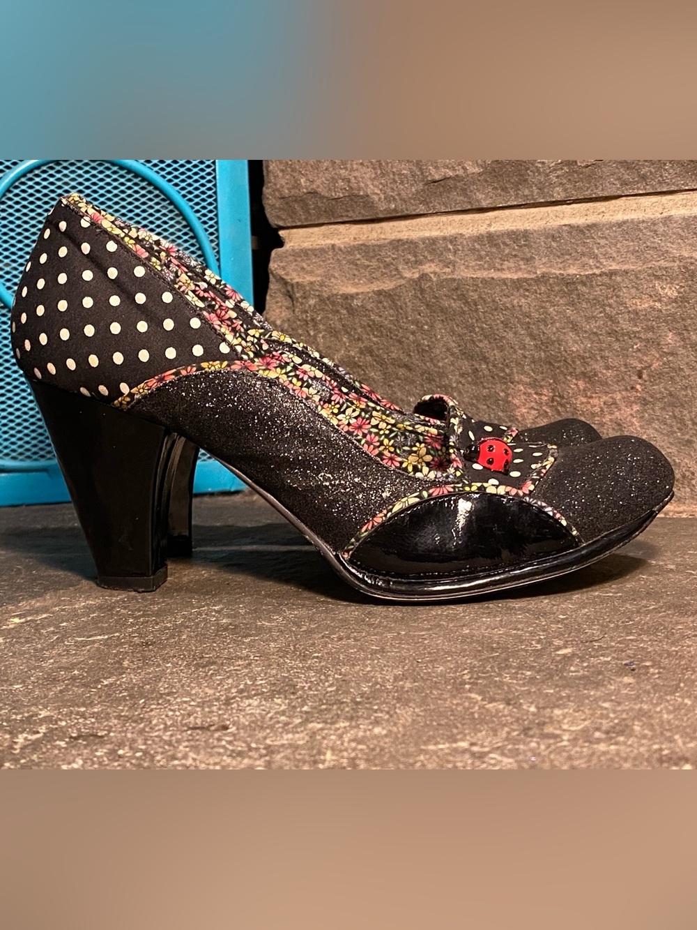 Irregular Choice Little Ladybug heels,black patent leather,sparkle,polka dot,8